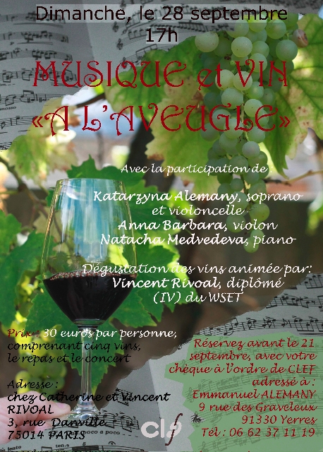 Affiche. Paris. Musique et vin « à l'aveugle ». 2014-09-28